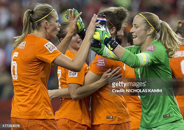 The Netherlands' goalkeeper Loes Geurts and Anouk Dekker celebrate after their 1-1 draw against Canada in a 2015 FIFA Women's World Cup Group A match...