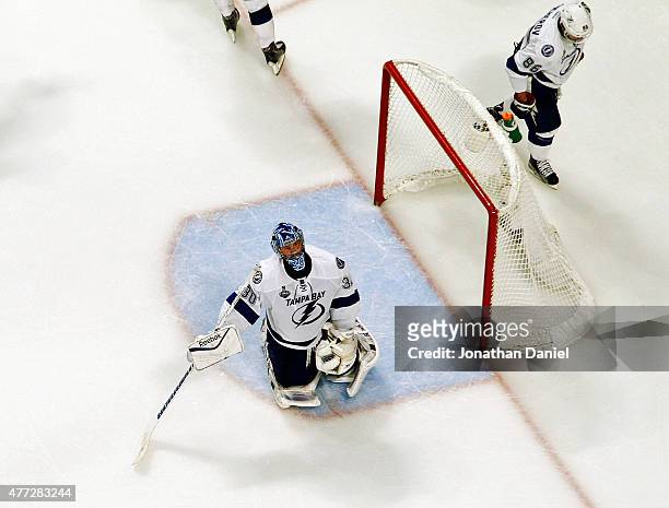 Ben Bishop of the Tampa Bay Lightning reacts after giving up a third period to Patrick Kane of the Chicago Blackhawks during Game Six of the 2015 NHL...