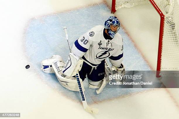 Ben Bishop of the Tampa Bay Lightning reacts after giving up a third period to Patrick Kane of the Chicago Blackhawks during Game Six of the 2015 NHL...