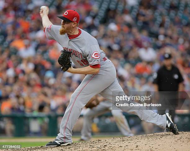Nate Adcock of the Cincinnati Reds pitches against the Detroit Tigers during the fifth inning at Comerica Park on June 15, 2015 in Detroit, Michigan.