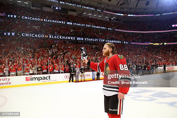 Patrick Kane of the Chicago Blackhawks celebrates after defeating the Tampa Bay Lightning by a score of 2-0 in Game Six to win the 2015 NHL Stanley...