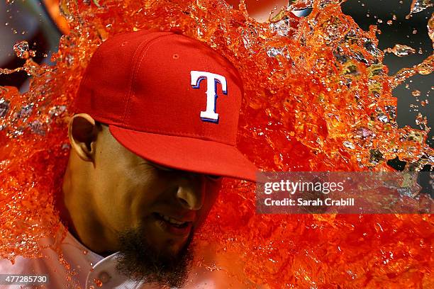 Rougned Odor of the Texas Rangers is dunked with Gatorade after a game against the Los Angeles Dodgers at Globe Life Park in Arlington on June 15,...