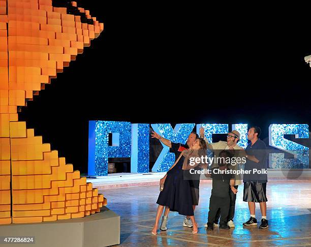 Actors Kevin James, Michelle Monaghan, Josh Gad, Peter Dinklage, and Adam Sandler attend the "Pixels" photo call during Summer Of Sony Pictures...
