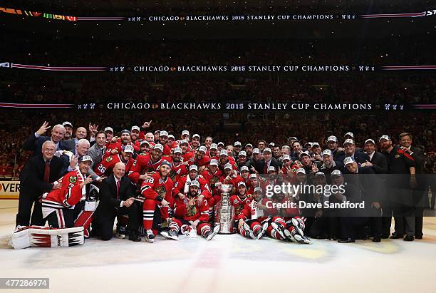 The Chicago Blackhawks pose with the Stanley Cup after defeating the Tampa Bay Lightning 2-0 in Game Six to win the 2015 NHL Stanley Cup Final at the...