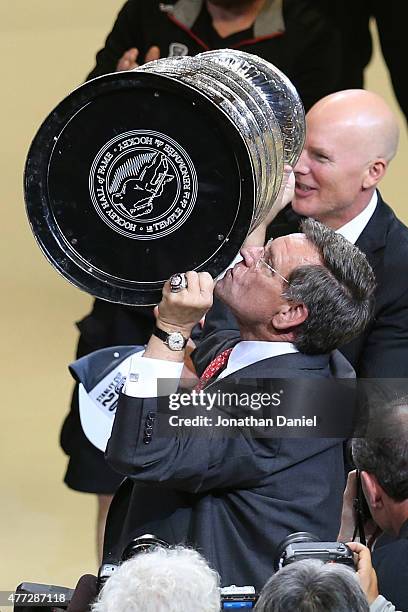 Owner and Chairman Rocky Wirtz of the Chicago Blackhawks celebrates by hoisting the Stanley Cup after defeating the Tampa Bay Lightning by a score of...