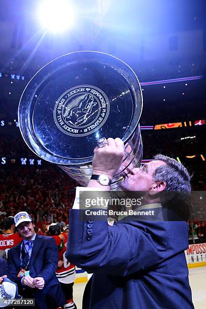 Owner and Chairman Rocky Wirtz of the Chicago Blackhawks celebrates by hoisting the Stanley Cup after defeating the Tampa Bay Lightning by a score of...