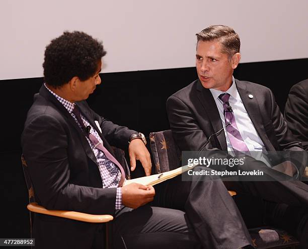 Moderator Toure and panelist Dan Gross attend the HBO screening of "Requiem For The Dead" at HBO Theater on June 15, 2015 in New York City.