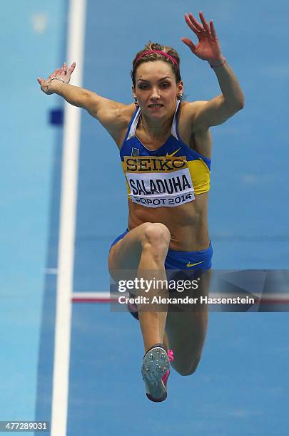 Olga Saladukha of Ukraine competes in the Women's Triple Jump Final during day two of the IAAF World Indoor Championships at Ergo Arena on March 8,...