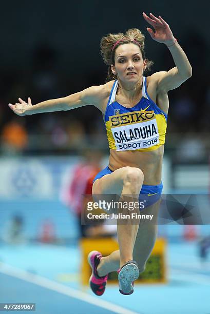 Olga Saladukha of Ukraine competes in the Women's Triple Jump Final during day two of the IAAF World Indoor Championships at Ergo Arena on March 8,...