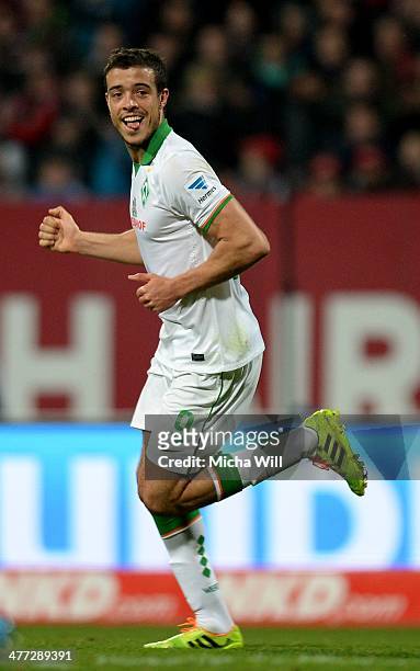 Franco di Santo of Bremen celebrates after scoring the opening goal during the Bundesliga match between 1. FC Nuernberg and Werder Bremen at Grundig...
