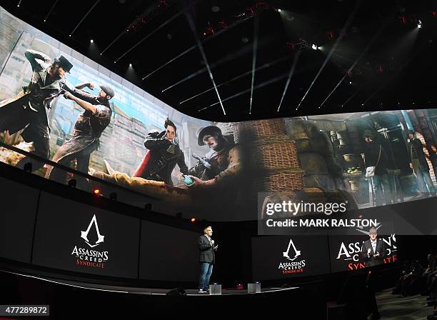 Asad Qizilbash, head of software marketing for Sony Computer Entertainment America, announces the video game "Assasin's Creed" during the Sony...