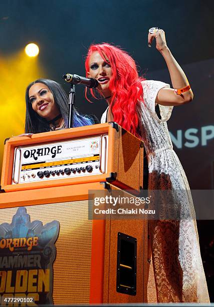 Carla Harvey and Heidi Shepherd of Butcher Babies at the Metal Hammer Golden Gods awards on June 15, 2015 in London, England.