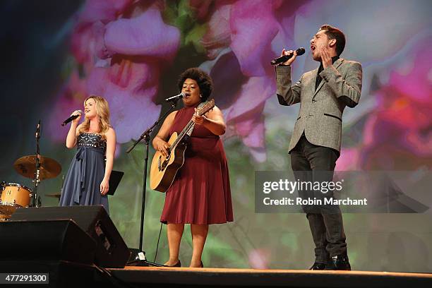 Adrienne Eller, Celisse Henderson and Michael Wartella perform during TrevorLIVE New York honoring Sir Ian McKellen, Representative Ryan Fecteau and...