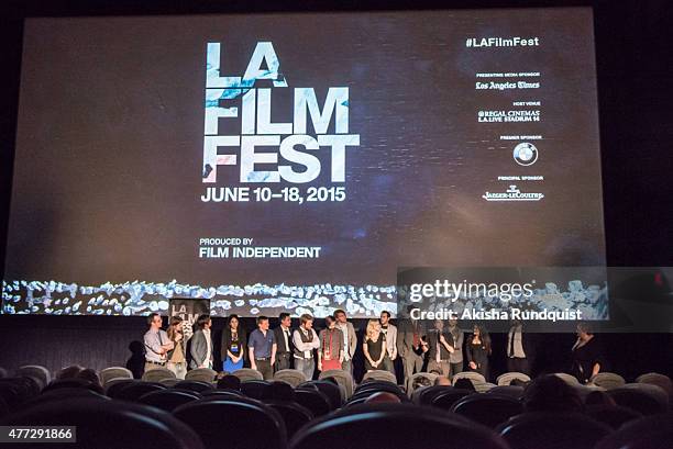 Cast and crew speak onstage at the "Dude Bro Party Massacre III" and "SheVenge" screenings during the 2015 Los Angeles Film Festival at Regal Cinemas...