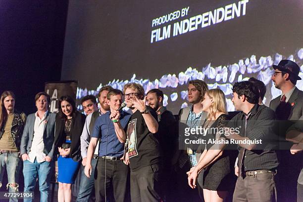 Cast and crew speak onstage at the "Dude Bro Party Massacre III" and "SheVenge" screenings during the 2015 Los Angeles Film Festival at Regal Cinemas...