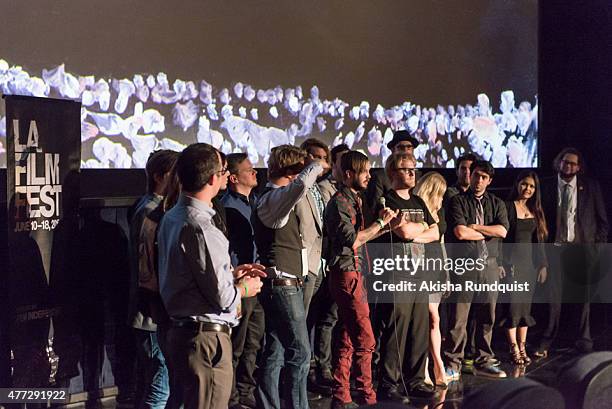 Cast and crew speak onstage at the "Dude Bro Party Massacre III" and "SheVenge" screenings during the 2015 Los Angeles Film Festival at Regal Cinemas...