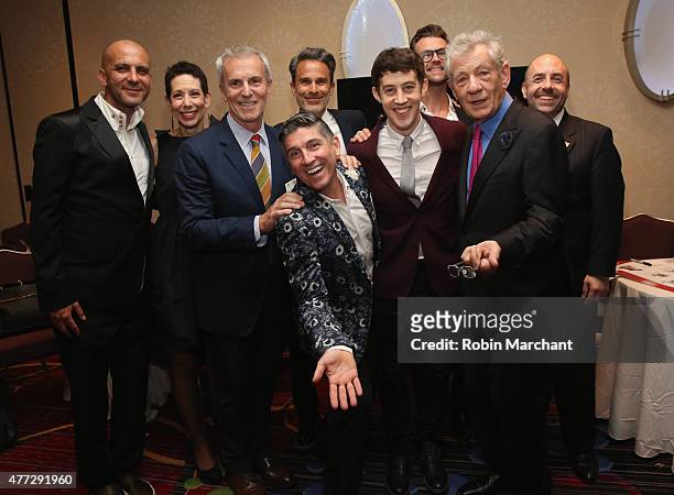 The Trevor Project Founder James Lecesne poses with Alex Sharp and Ian McKellen and guests backstage at TrevorLIVE New York honoring Sir Ian...