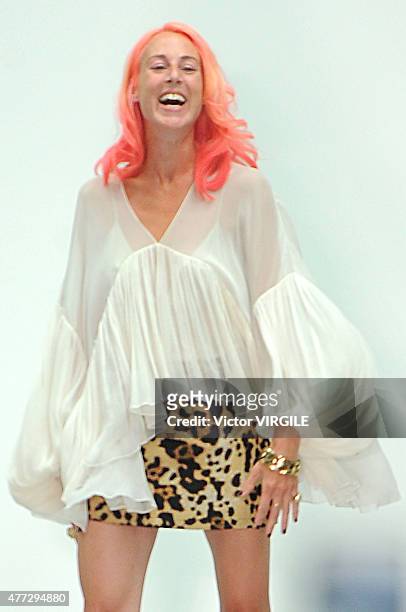 Designer Katie Eary walks the runway during the Katie Eary Ready to Wear Spring Summer 2016 fashion show during London Menswear Fashion Week on June...