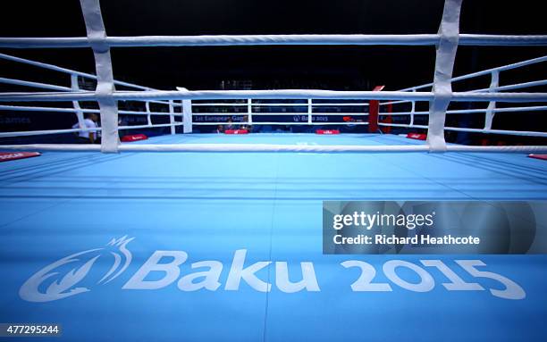 General view of the boxing ring prior to the start of the Mens 52kg Flyweight Round of 32 bouts during day four of the Baku 2015 European Games at...