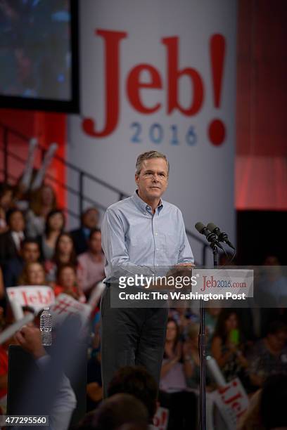 Former Florida Governor Jeb Bush announces his 2016 presidential run for the White House at the Miami Dade College Kendall Campus on June 15, 2015 in...