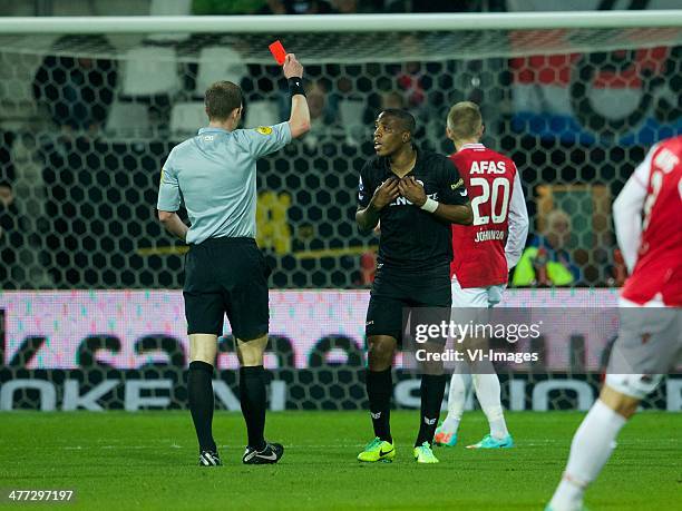 Referee Jeroen Sanders, Milano Koenders of Heracles during the Dutch Eredivisie match between AZ Alkmaar and Heracles Almelo at AFAS stadium on March...