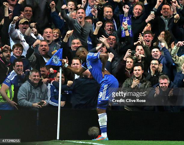 Samuel Eto'o of Chelsea does an 'Old Man' celebration during the Barclays Premier League match between Chelsea and Tottenham Hotspur at Stamford...