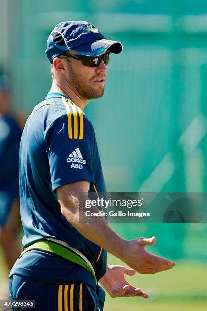 De Villiers during the South African national cricket team training session and press conference at AXXESS St Georges on March 08, 2014 in Port...