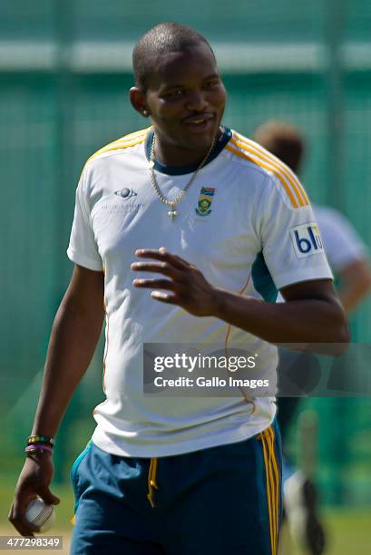 Lonwabo Tsotsobe of South Africa during the South African national cricket team training session and press conference at AXXESS St Georges on March...