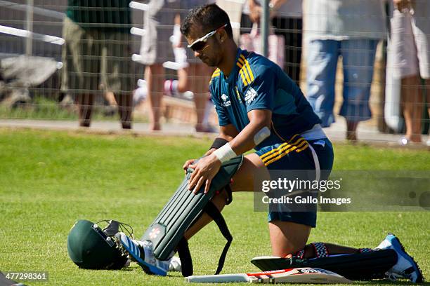 Duminy during the South African national cricket team training session and press conference at AXXESS St Georges on March 08, 2014 in Port Elizabeth,...