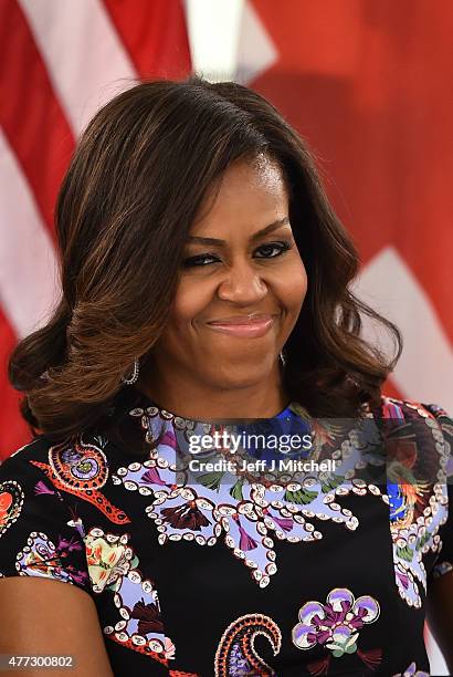 First Lady Michelle Obama sits during a 'Let Girls Learn' meeting as part of the 'Let Girls Learn Initiative' at the Mulberry School for Girls on...