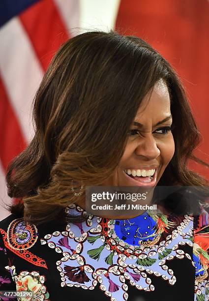 First Lady Michelle Obama speaks during a 'Let Girls Learn' meeting as part of the 'Let Girls Learn Initiative' at the Mulberry School for Girls on...