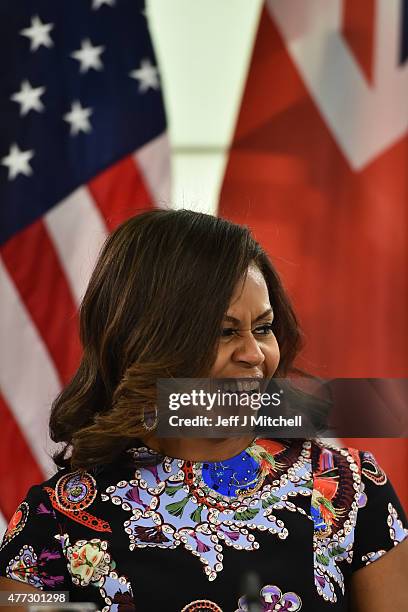 First Lady Michelle Obama speaks during a 'Let Girls Learn' meeting as part of the 'Let Girls Learn Initiative' at the Mulberry School for Girls on...