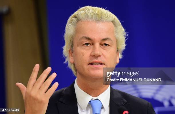 Geert Wilders of the Netherlands' Party for Freedom holds a press conference at the European Parliament in Brussels, on June 16 with European...