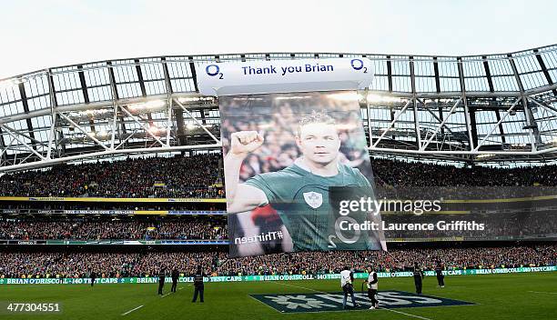 Banner thanking Brian O'Driscoll after his last home international during the RBS Six Nations match between Ireland and Italy at Aviva Stadium on...