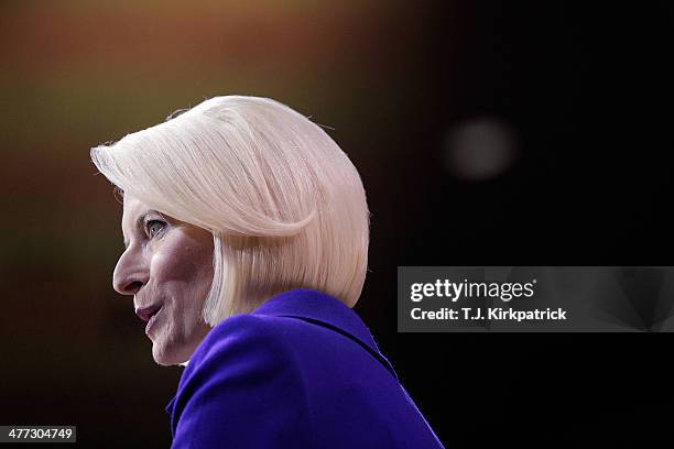 Sporting her familiar hair flip, Callista Gingrich introduces her husband, former Speaker of the House Newt Gingrich, during the 41st annual...