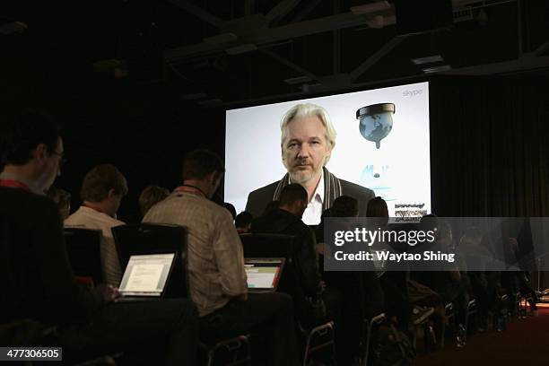 Wikileaks founder Julian Assange speaks onstage via Skype at "A Virtual Conversation with Julian Assange" during the 2014 SXSW Music, Film +...