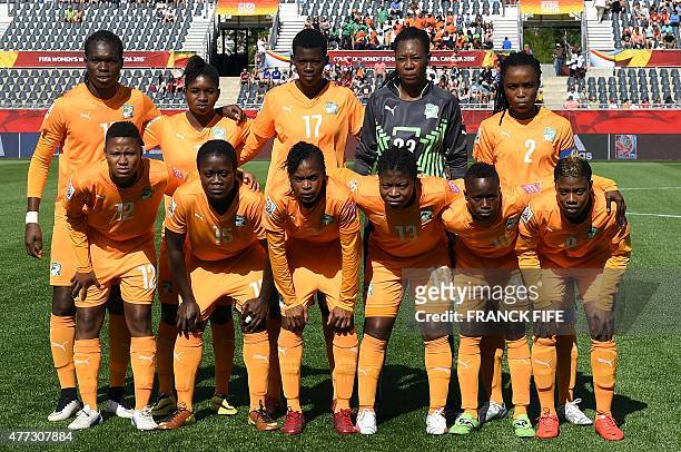 Ivory Coast's forward Josee Nahi, forward Rebecca Elloh, forward Nadege Cisse, goalkeeper Cynthia Djohore and defender Fatou Coulibaly, Ivory Coast's...