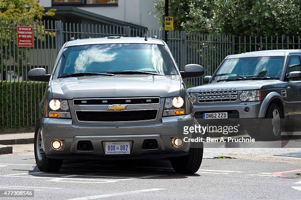 Cars in US First Lady Michelle Obama motorcade depart the Mulberry School for Girls after a 'Let Girls Learn Initiative' event on June 16, 2015 in...