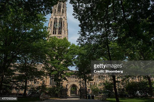 Harkness Tower stands on the Yale University campus in New Haven, Connecticut, U.S., on Friday, June 12, 2015. Yale University is an educational...