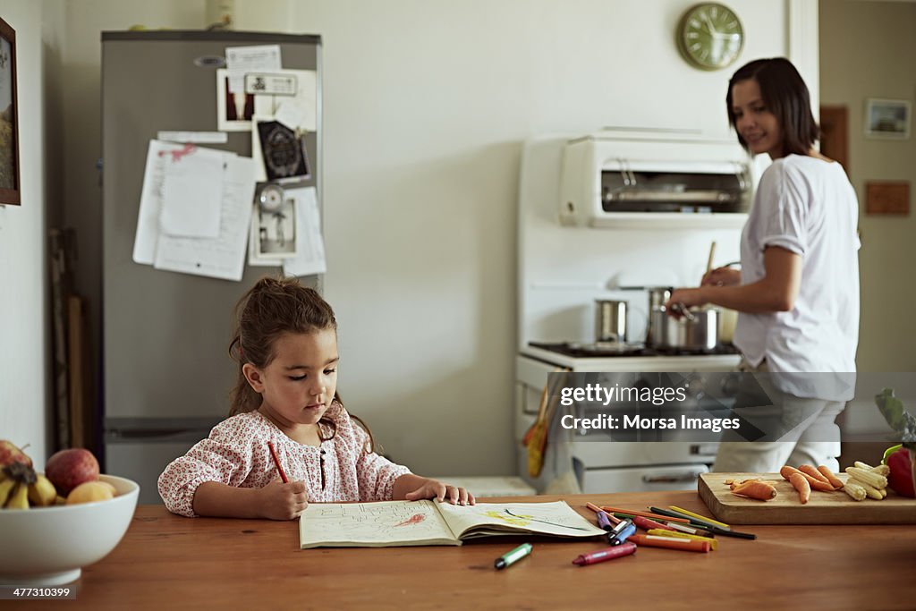 Daughter painting in kitchen