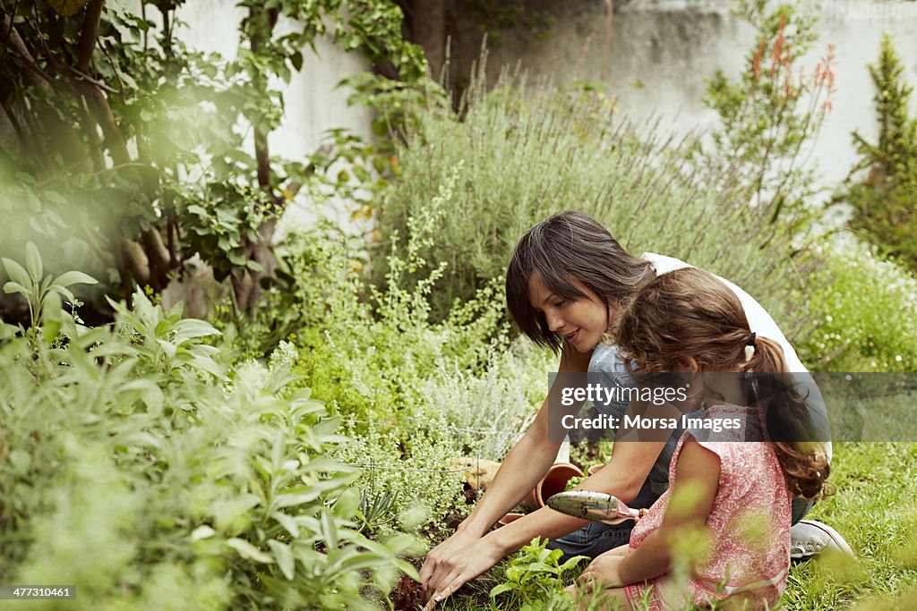 Mother and daughter gardening