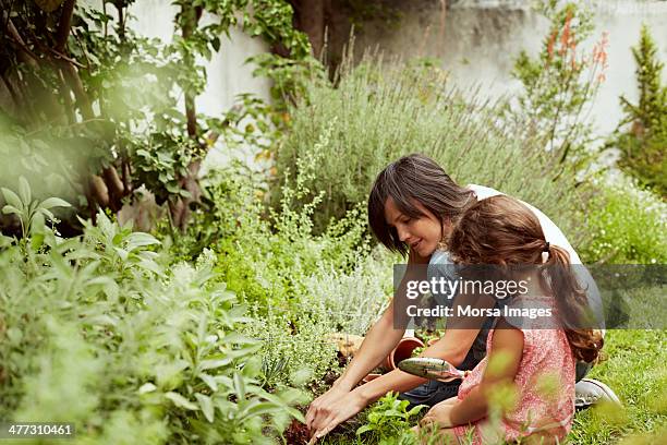 mother and daughter gardening - domestic garden photos et images de collection