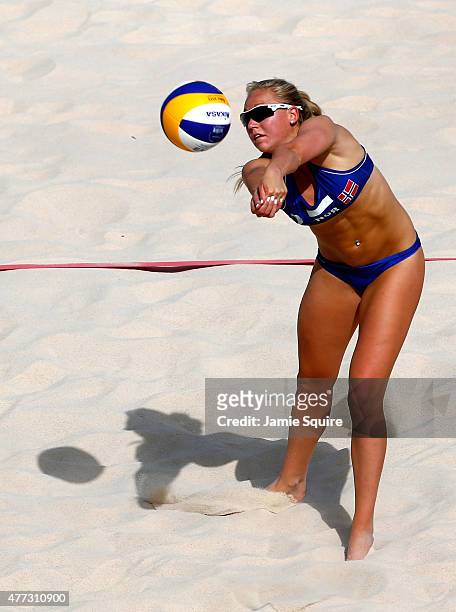 Victoria Kjoelberg of Norway competes in the Women's beach volleyball preliminary match against Spain during day four of the Baku 2015 European Games...