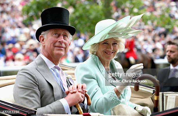 Prince Charles, Prince of Wales and Camilla, Duchess of Cornwall arrive in the royal carriage into the parade ring on day 1 of Royal Ascot at Ascot...