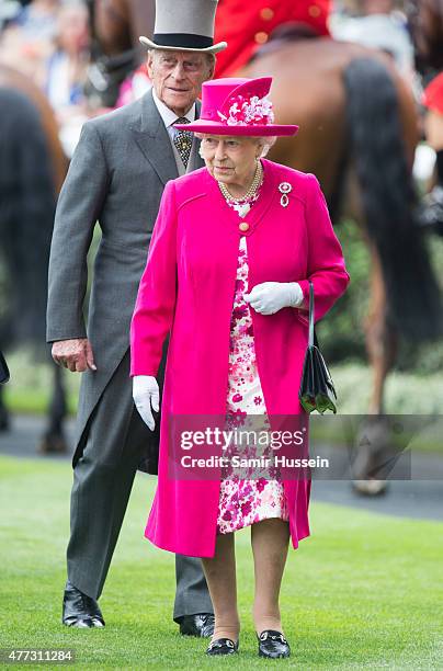 Queen Elizabeth II and Prince Philip, Duke of Edinburgh attend day 1 of Royal Ascot at Ascot Racecourse on June 16, 2015 in Ascot, England.