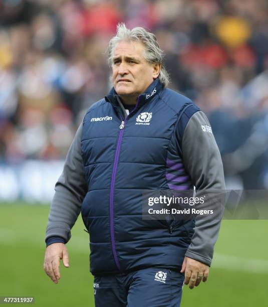 Scott Johnson, the Scotland coach looks on during the RBS Six Nations match between Scotland and France at Murrayfield Stadium on March 8, 2014 in...