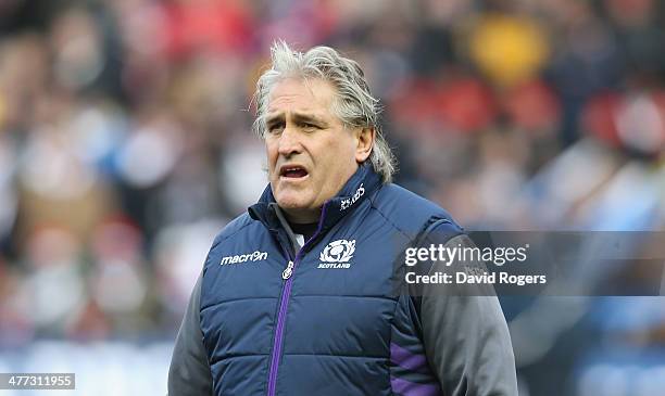 Scott Johnson, the Scotland coach looks on during the RBS Six Nations match between Scotland and France at Murrayfield Stadium on March 8, 2014 in...