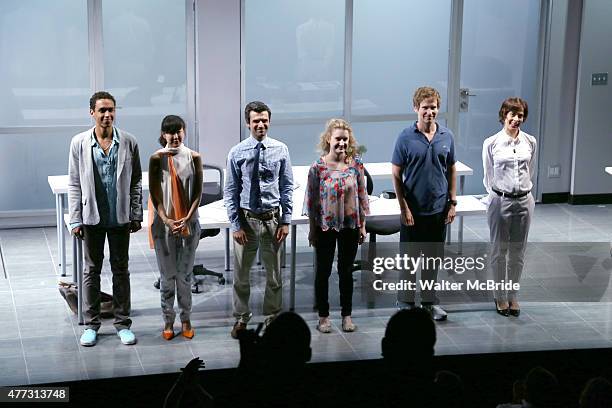 Kyle Beltran, Jennifer Kim, Michael Crane, Catherine Combs, Ryan Spahn and Jeanine Serralles during the curtain call for the 'Gloria' Opening Night...