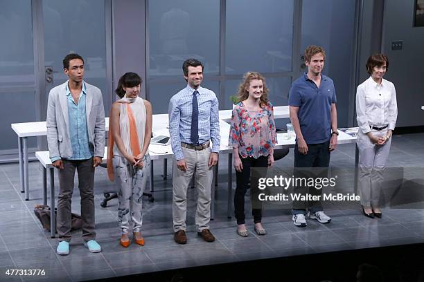 Kyle Beltran, Jennifer Kim, Michael Crane, Catherine Combs, Ryan Spahn and Jeanine Serralles during the curtain call for the 'Gloria' Opening Night...