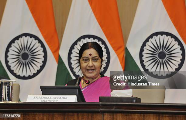 External Affairs Minister Sushma Swaraj at an event at JLN Bhavan to flag off the first batch of Kailash Mansrovar Yatris who will travel by new...